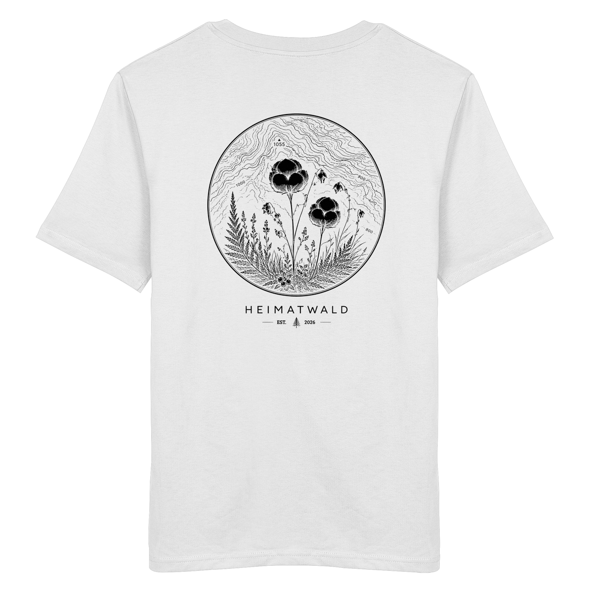 HeimatWald Bio Shirt Wollgras in Weiß mit Wollgras-Motiv – Produktansicht