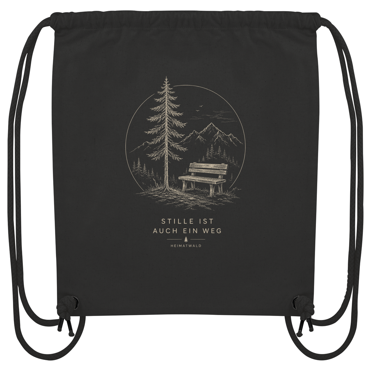 HeimatWald Stille Organic Gym Bag in Schwarz mit Stille-Motiv – Produktansicht