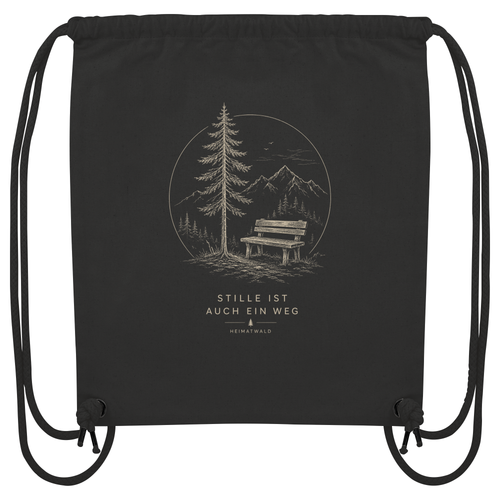 HeimatWald Stille Organic Gym Bag in Schwarz mit Stille-Motiv – Produktansicht