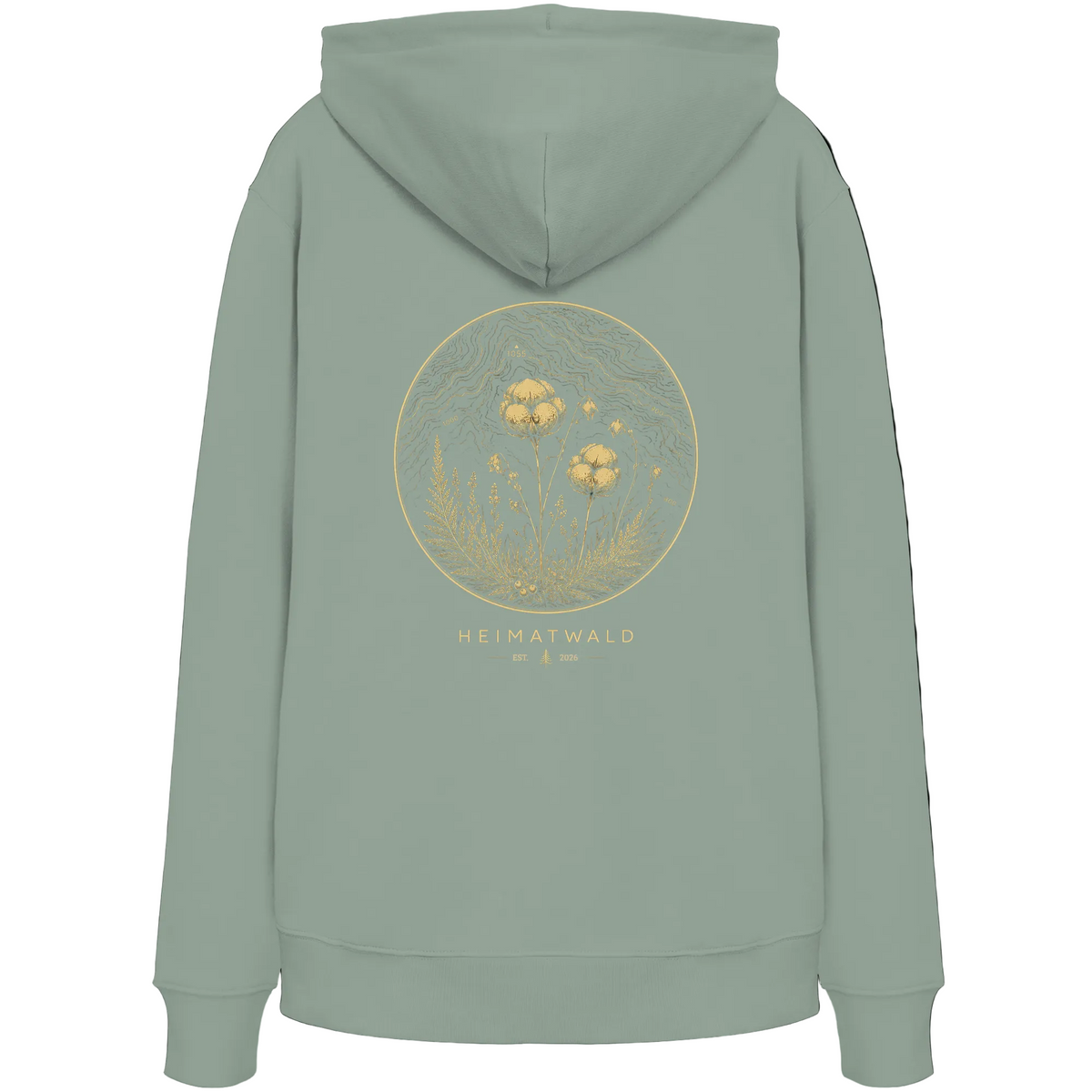 HeimatWald Bio Hoodie – Wollgras in Aloe – Rückansicht mit Wollgras-Motiv