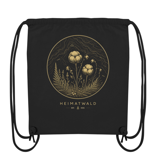 HeimatWald Wollgras Organic Gym Bag in Schwarz mit Wollgras-Motiv – Produktansicht